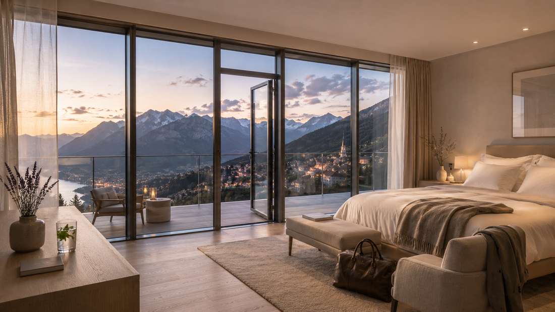 A modern alpine hotel room with cream linens and pale wood accents overlooks snow-capped mountains and a softly glowing village through wide panoramic windows.