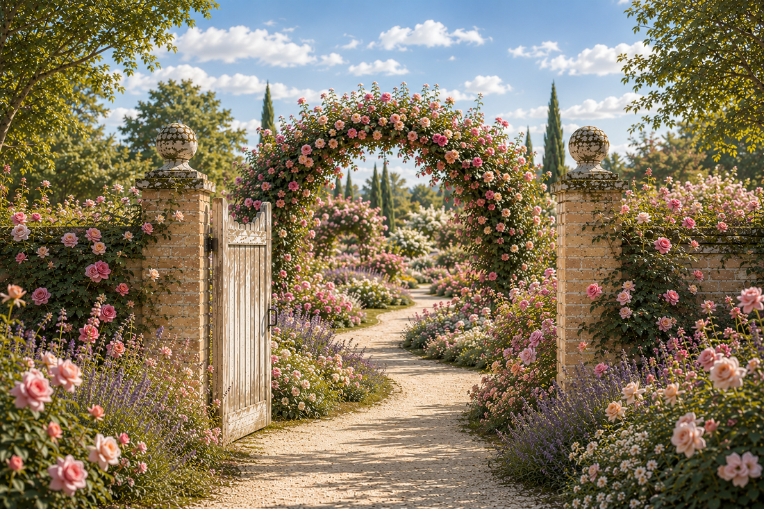 A small weathered wooden garden gate stands half-open in an aged brick wall, revealing a pale gravel path leading into a sunlit English rose garden filled with soft pink roses.