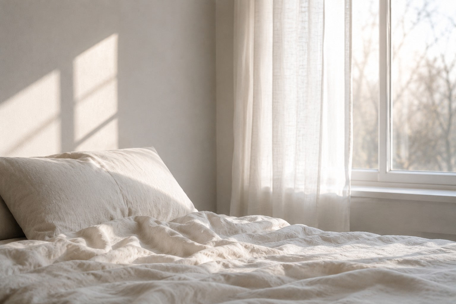 Soft white linen bed bathed in warm morning light beside a sheer-curtained window