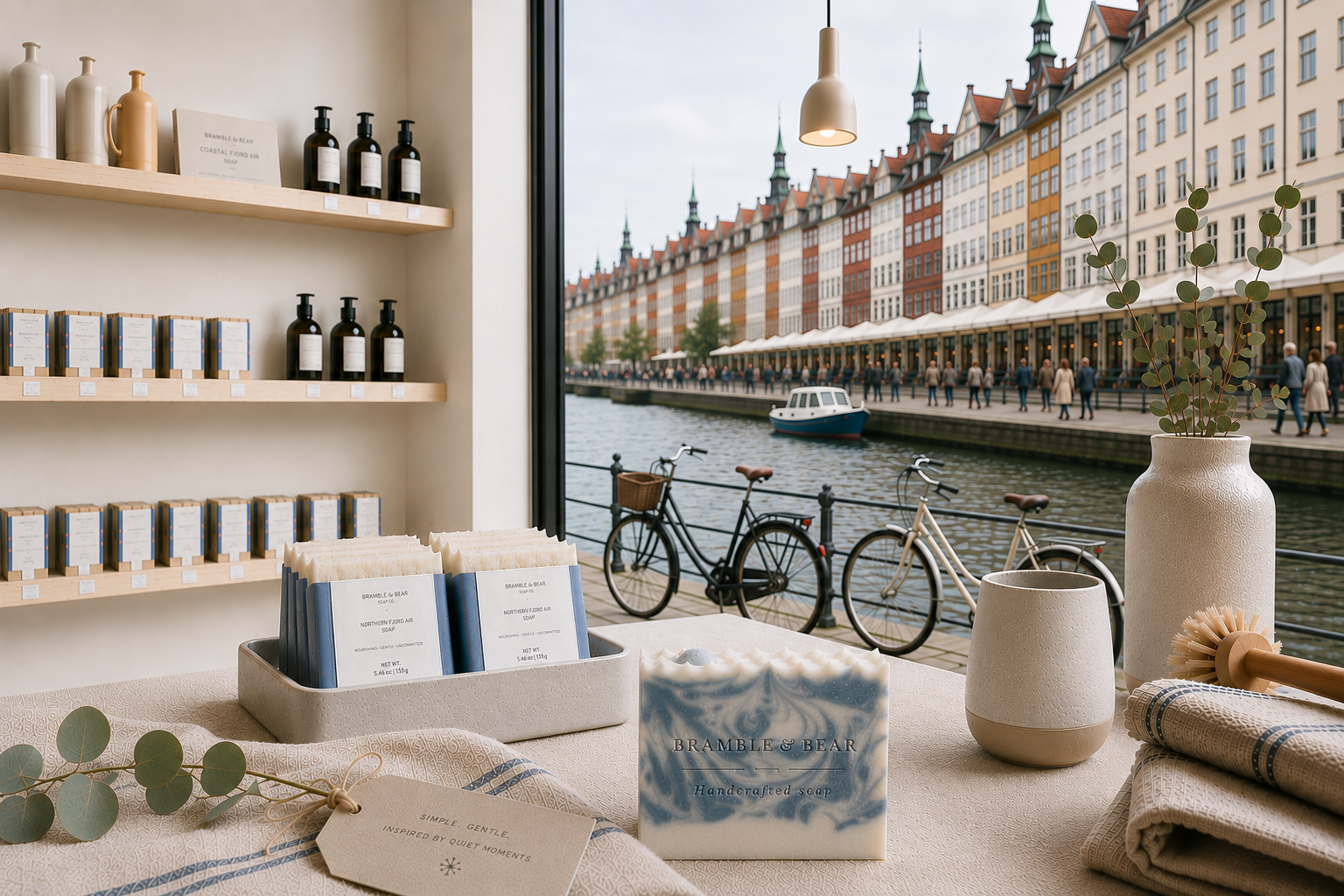 A Nordic apothecary counter with handcrafted soaps and ceramics, overlooking a sunlit canal lined with colorful buildings and bicycles