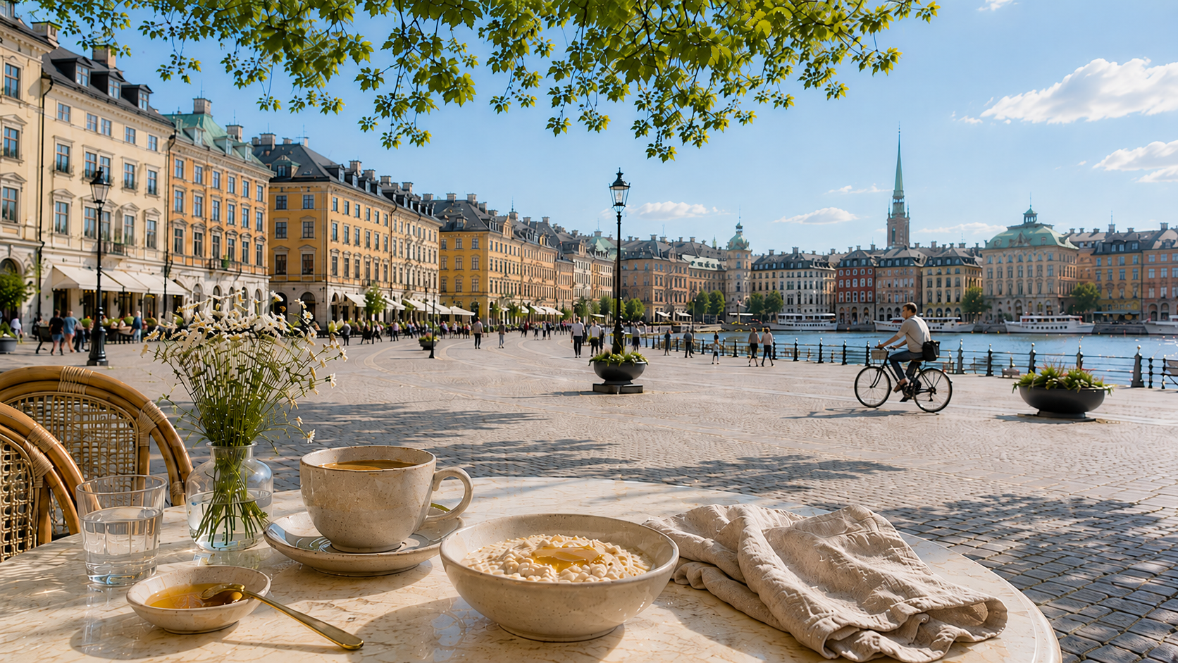 A peaceful vacation morning at an outdoor café table with oatmeal, honey, a warm cup, linen, and wildflowers, overlooking a bright Stockholm-style waterfront square with pastel buildings and a leisurely cyclist.