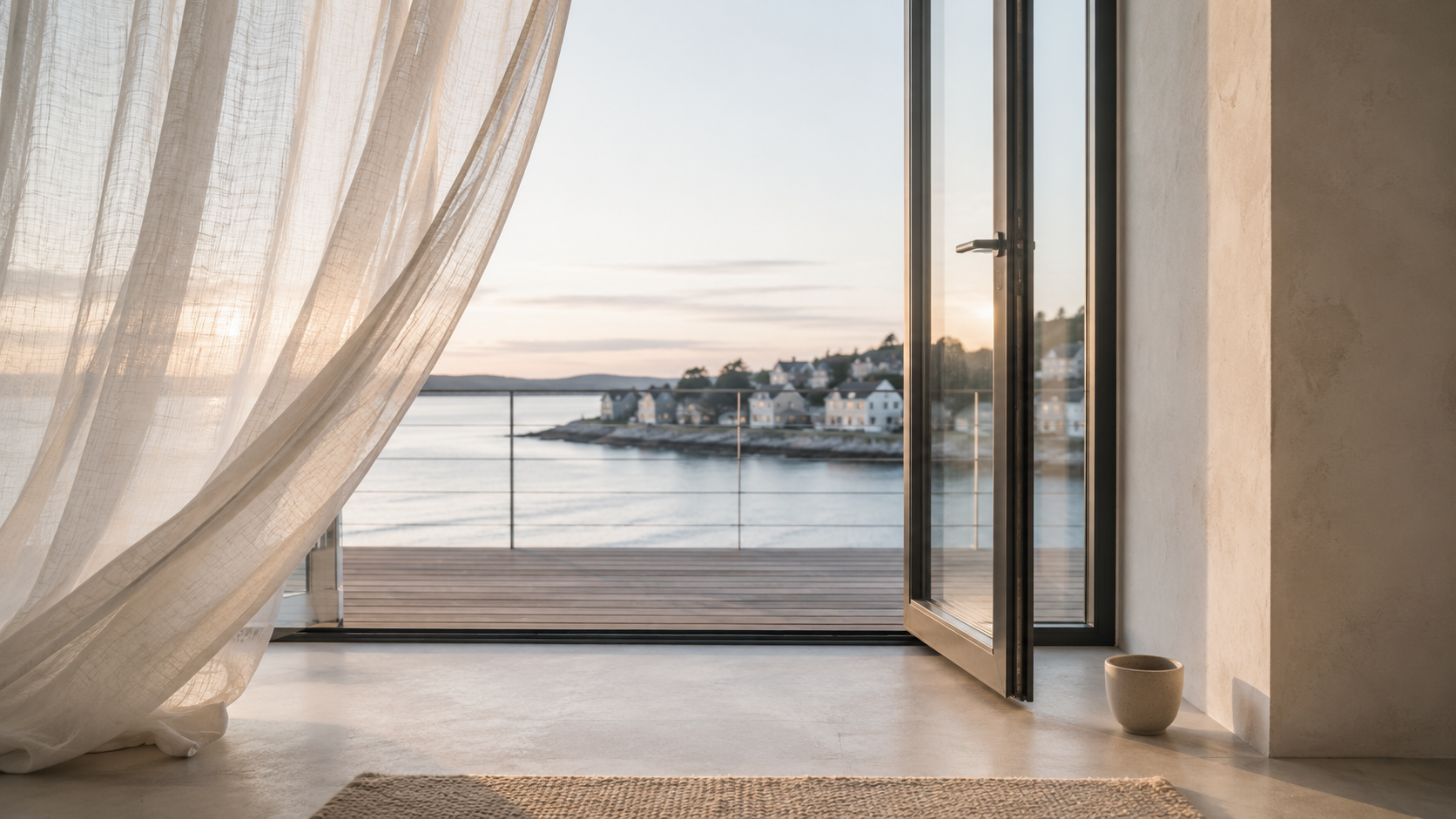 Modern Scandinavian coastal room with an open glass door, sheer linen curtain, ceramic cup, balcony, calm water, and distant Nordic village in soft morning light.