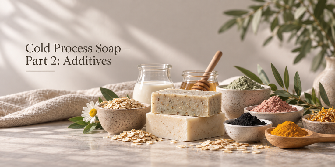Cold process soap additives including oatmeal, clay, charcoal, turmeric, botanicals, and handmade soap bars arranged on a warm stone surface.