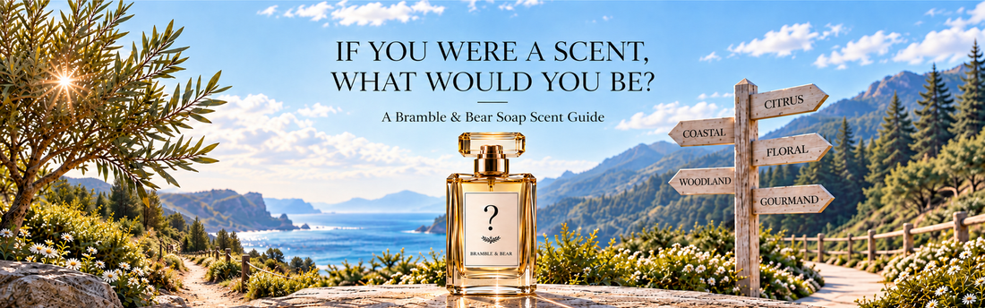 Perfume bottle beside a scent signpost for the Bramble & Bear Soap Scent Guide, with coastal, floral, woodland, citrus and gourmand paths.
