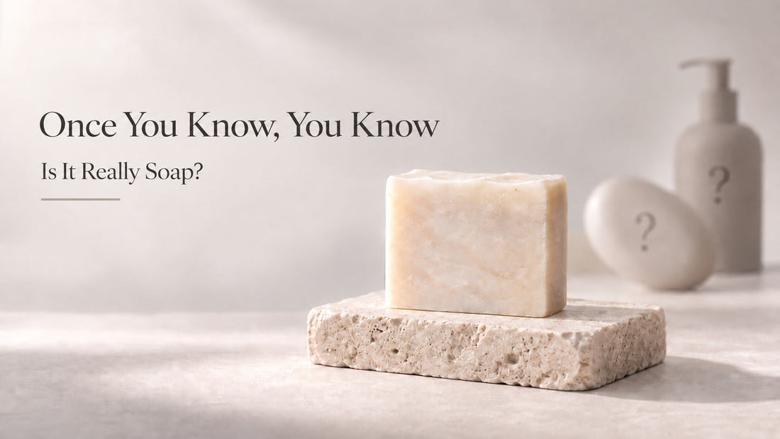 Handmade traditional soap bar with “Once You Know, You Know: Is It Really Soap?” text, introducing a Bramble & Bear article about real soap and saponification.