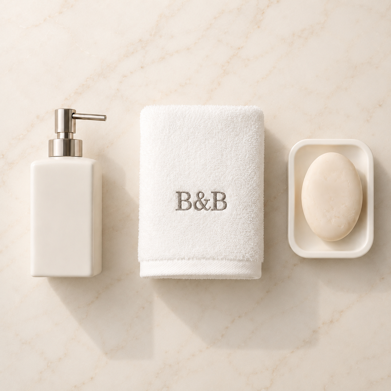 Minimal white bath accessories on warm ivory marble, featuring a soap dispenser, folded B&B towel, and oval soap resting in a cream soap dish.