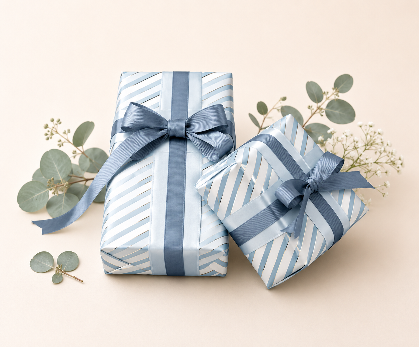 Two spa-blue wrapped gift boxes with blue ribbons, eucalyptus, and white floral accents on a soft cream background.