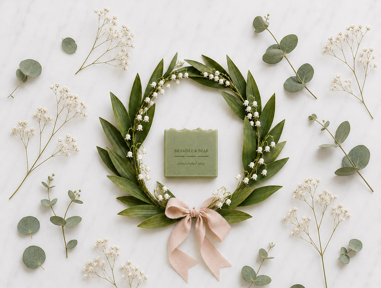 Handcrafted Bramble and Bear sage green soap bar centered in a lily of the valley wreath with a soft blush ribbon bow, Holiday & Seasonal Collection