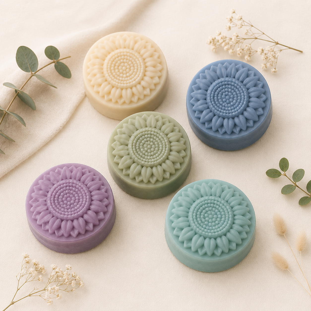 Five handmade sunflower-shaped soaps in cream, blue, sage green, lavender, and teal, arranged on a soft linen surface with eucalyptus and dried botanicals