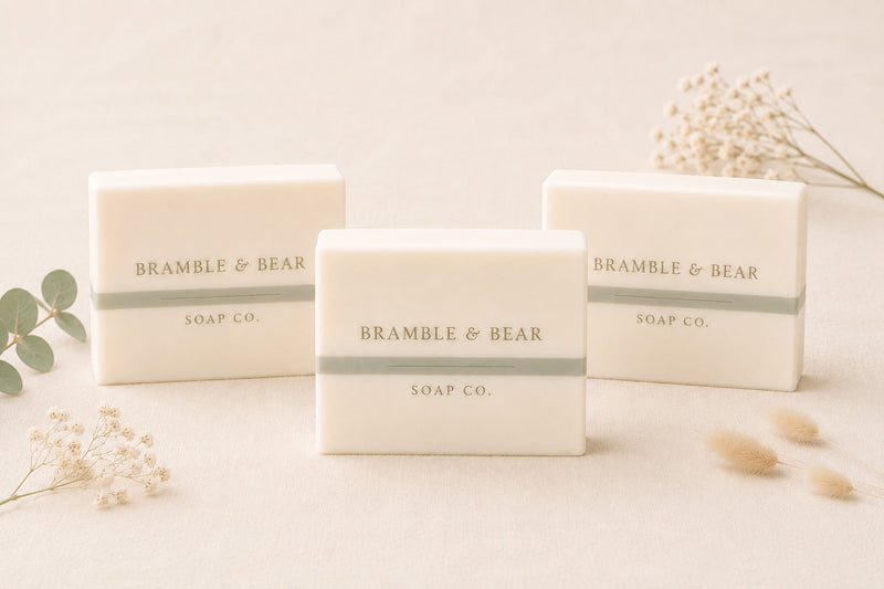 Three cream-colored Bramble & Bear soap with a muted sage stripe on a warm neutral background