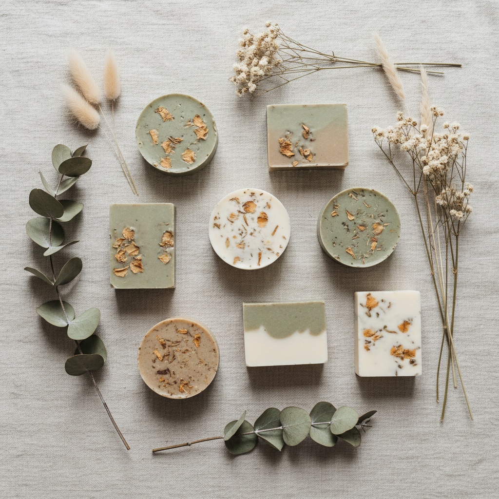 Flat lay of handmade artisan soap bars and rounds in sage green and cream with embedded dried botanicals, arranged with eucalyptus sprigs and dried wildflowers on a soft linen surface — Studio Seconds soaps by Bramble and Bear Soap Co.
