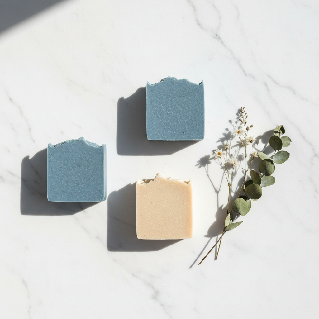 Three handmade artisan soap bars in coastal blue and soft cream with natural imperfect edges, arranged on a white marble surface with dried eucalyptus and wildflower botanicals — Limited Batches small-run soaps by Bramble and Bear Soap Co.