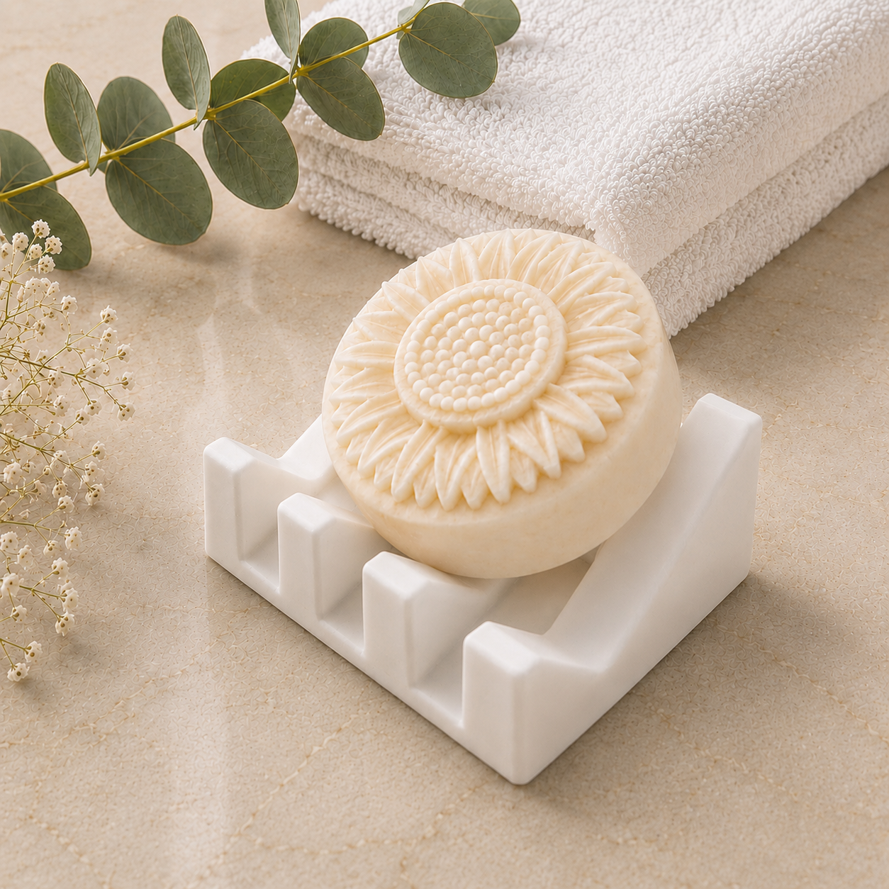 Sunflower-shaped soap resting on a white ridged soap dish beside a bathroom sink with soft beige stone, brushed metal faucet, cream lotion bottle, and baby’s breath flowers.