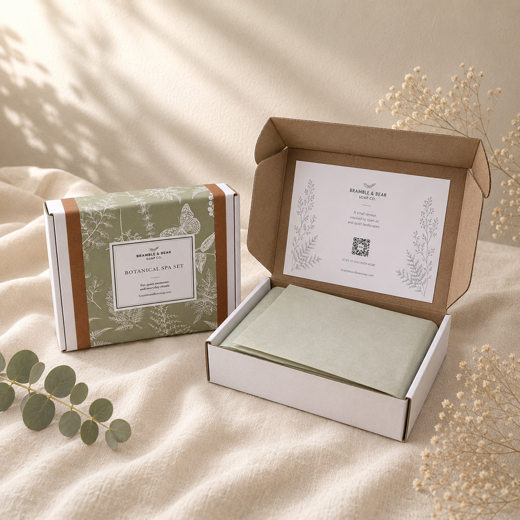 Closed and open Bramble & Bear Signature Duo Ritual Set boxes on ivory linen, showing the interior card and pale sage tissue wrapping.