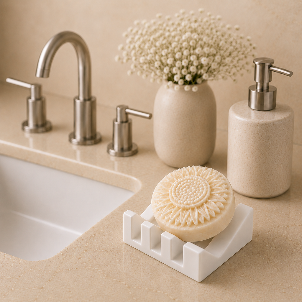 Round sunflower soap displayed on a white ridged soap dish on a beige bathroom countertop with soft-focus faucet, vase, and baby’s breath flowers in the background.