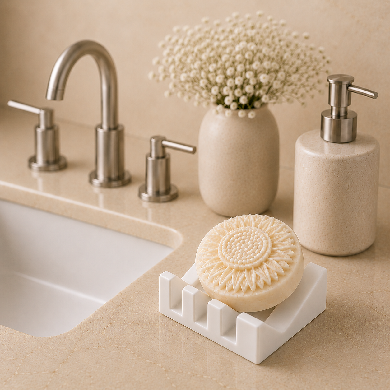Round sunflower soap displayed on a white ridged soap dish on a beige bathroom countertop with soft-focus faucet, vase, and baby’s breath flowers in the background.