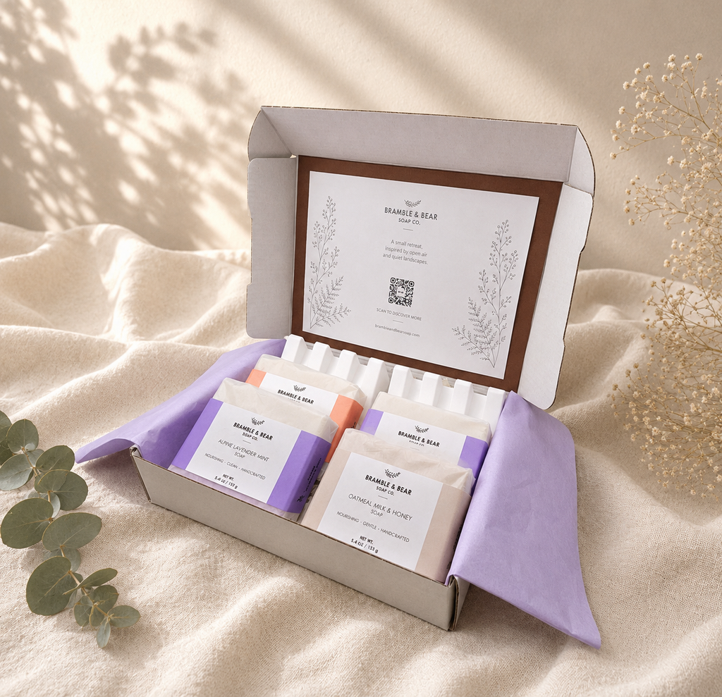 Open Bramble & Bear Deluxe Soap & Tray Ritual Set displaying four signature soaps and two soap trays in a white gift box with lavender tissue, styled on warm ivory linen with eucalyptus and dried flowers.