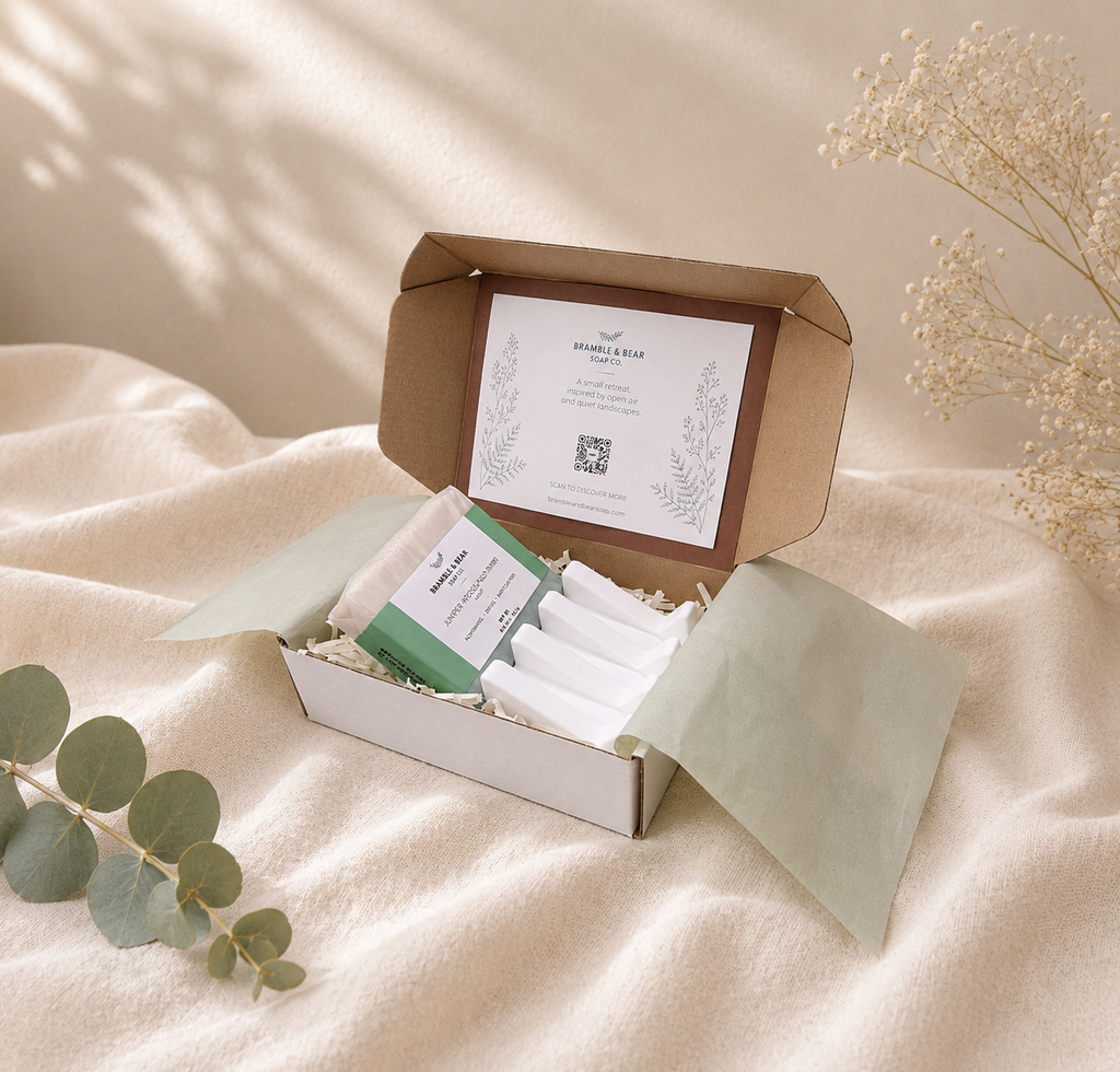 Open small Bramble & Bear spa gift box with soap and white soap dish, arranged on ivory linen with eucalyptus and dried botanicals.