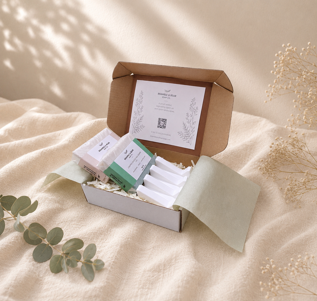 Open Bramble & Bear Signature Duo Ritual Set with two signature soaps and a white self-draining soap tray, styled with eucalyptus on ivory linen.