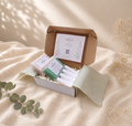 Open Bramble & Bear Signature Duo Ritual Set with two signature soaps and a white self-draining soap tray, styled with eucalyptus on ivory linen.