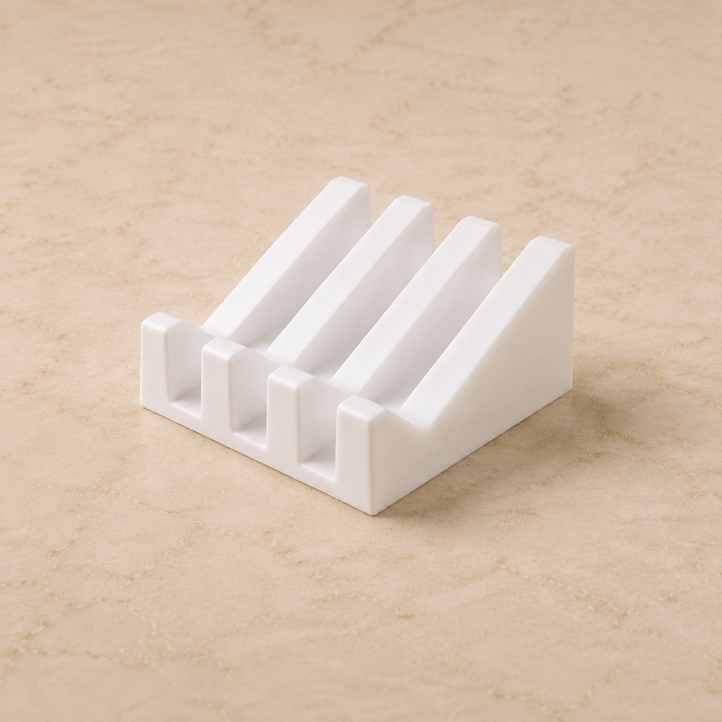 White ridged soap dish shown alone on a warm beige stone countertop with soft natural lighting.