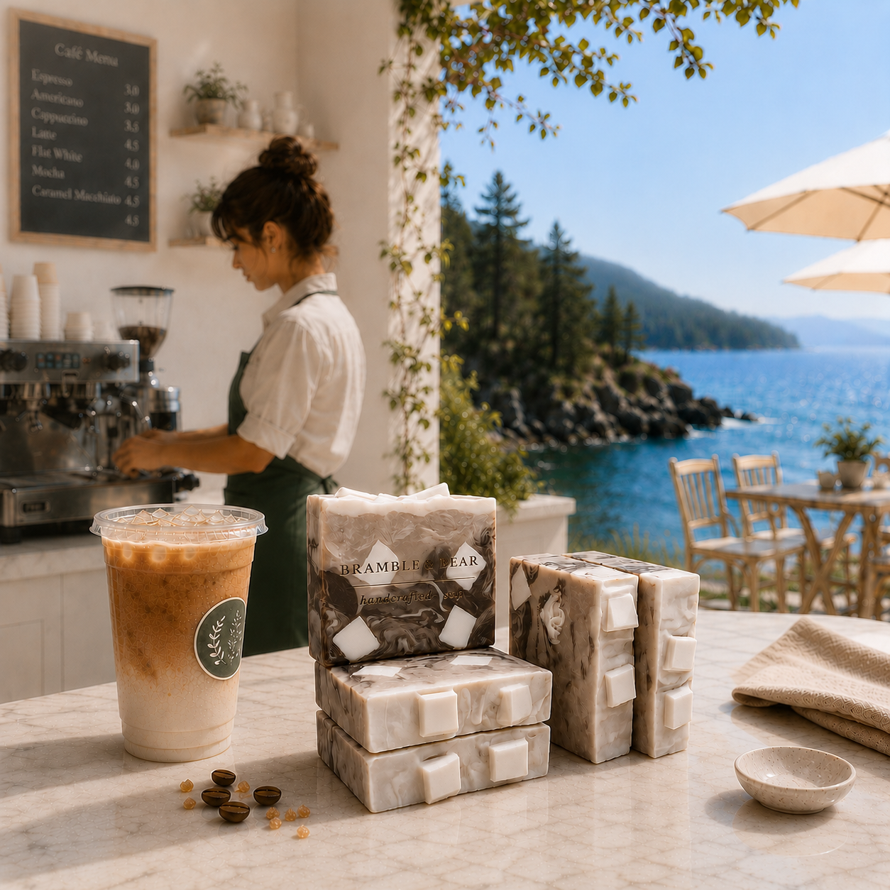 Iced Caramel Macchiato handcrafted soap bars arranged on a marble café counter beside an iced drink, with a barista and bright coastal ocean view in the background.
