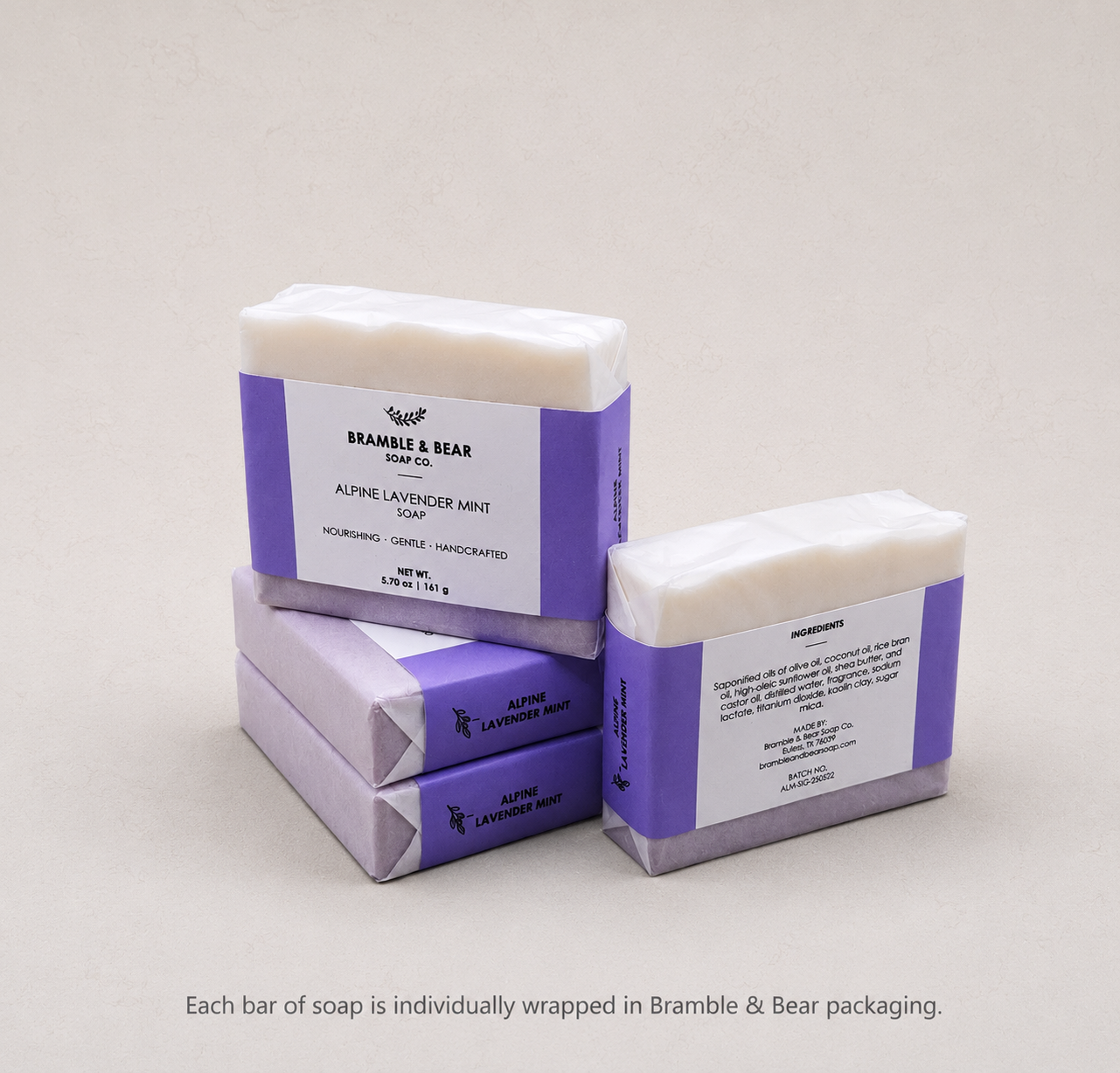 Bramble & Bear handcrafted soap bars shown individually wrapped in branded packaging.