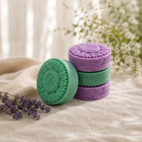 Alpine Lavender Mint Sunflower Collection soaps stacked in mint green and lavender purple, with a green sunflower soap leaning in front on a soft botanical background.