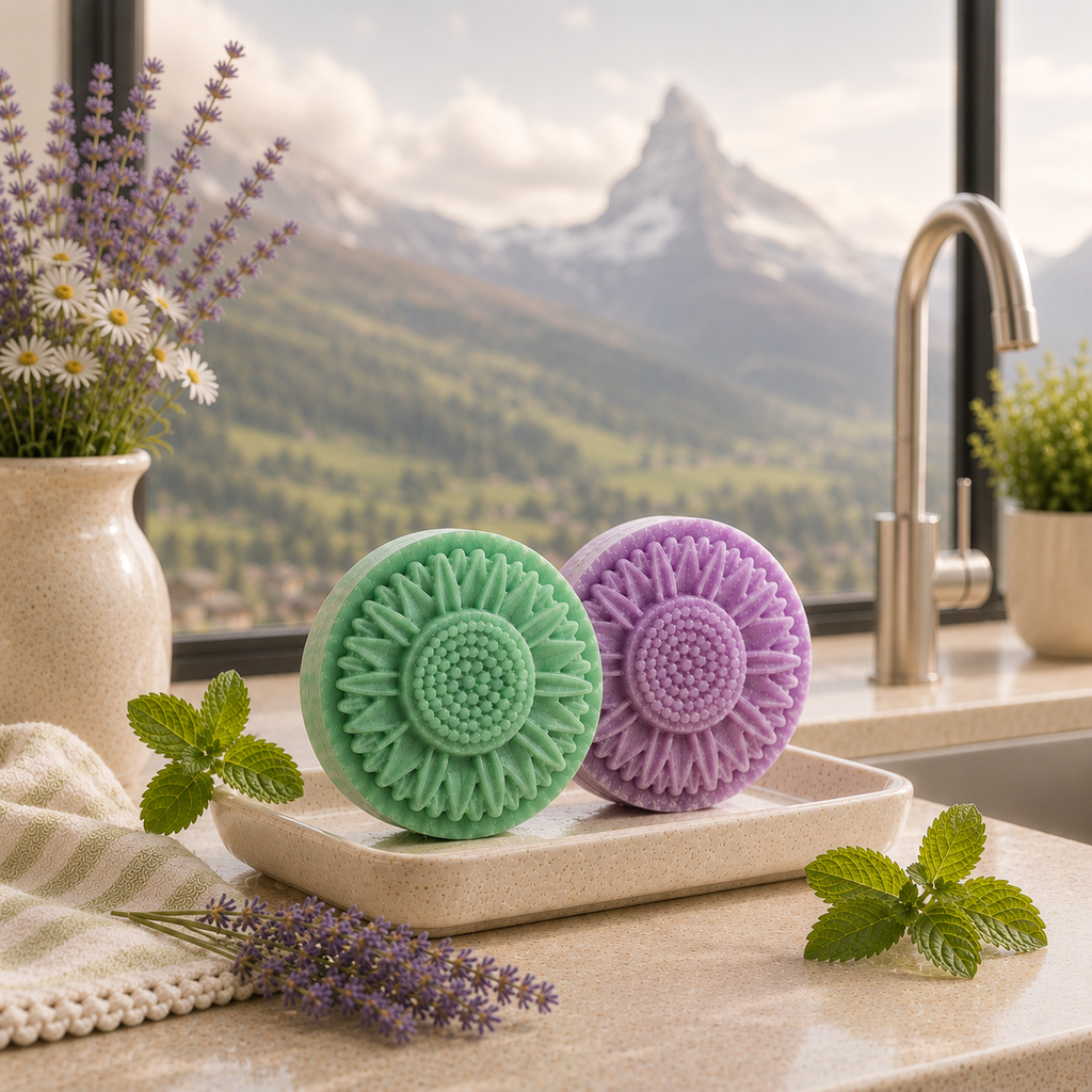 Alpine Lavender Mint sunflower soaps in mint green and lavender purple displayed on a ceramic tray by a luxury sink with lavender, mint, and an alpine mountain view.