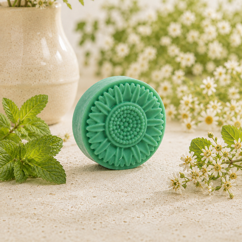 Mint green sunflower-shaped soap with detailed floral imprint, styled with fresh mint leaves and soft white flowers in a cheerful botanical product setting.
