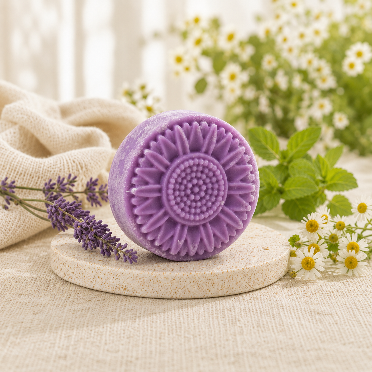 Lavender purple sunflower-shaped soap with a softly handmade finish and light soda ash, styled with lavender and botanical props in a bright natural setting.