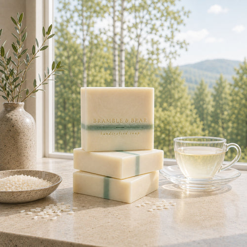 Three Bramble & Bear Apothecary Rice Soap bars stacked on pale stone beside rice, with greenery and a sunlit window view.