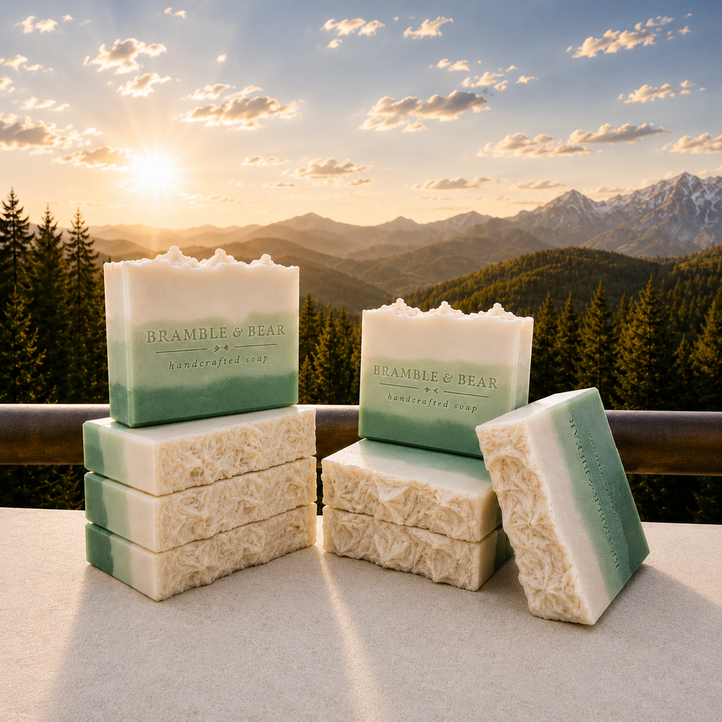 Juniper Woodland Sunset handmade soaps stacked on a marble ledge with soft green and ivory layers, whipped mountain-like tops, evergreen forest, alpine peaks, and warm sunset light.