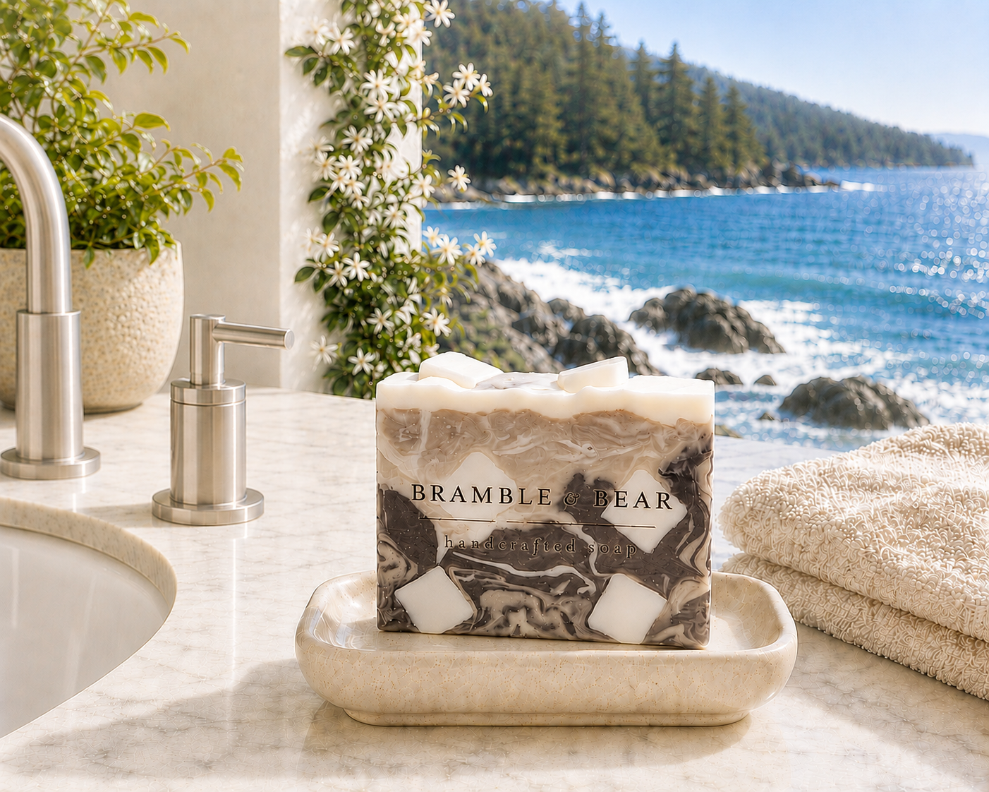 Single Bramble & Bear Iced Caramel Macchiato soap bar on a cream ceramic dish by a marble sink, with folded towels and a sunlit ocean view behind it.