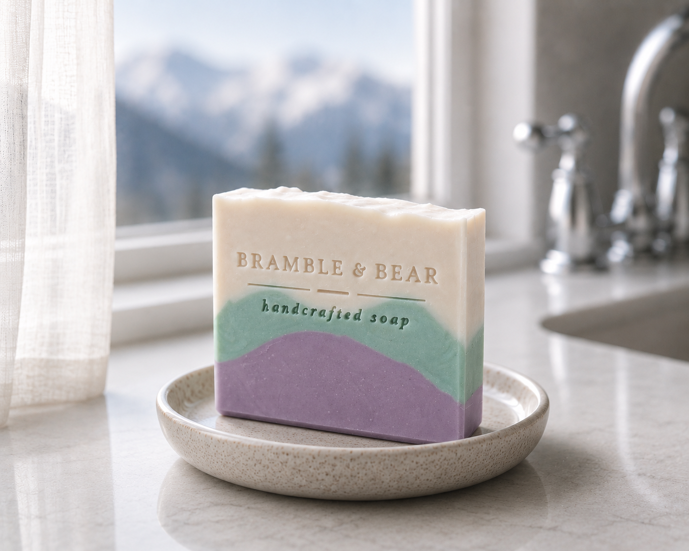 Single Alpine Lavender Mint soap bar on a neutral ceramic dish in a soft bathroom setting, with blurred snow-capped alpine mountains outside the window and the Bramble & Bear stamp visible.