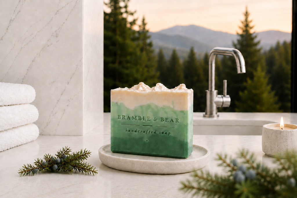 Juniper Woodland Sunset handmade soap standing on a round dish in a luxury bathroom setting, with green and ivory layers, juniper accents, folded towels, candlelight, and a blurred mountain view.