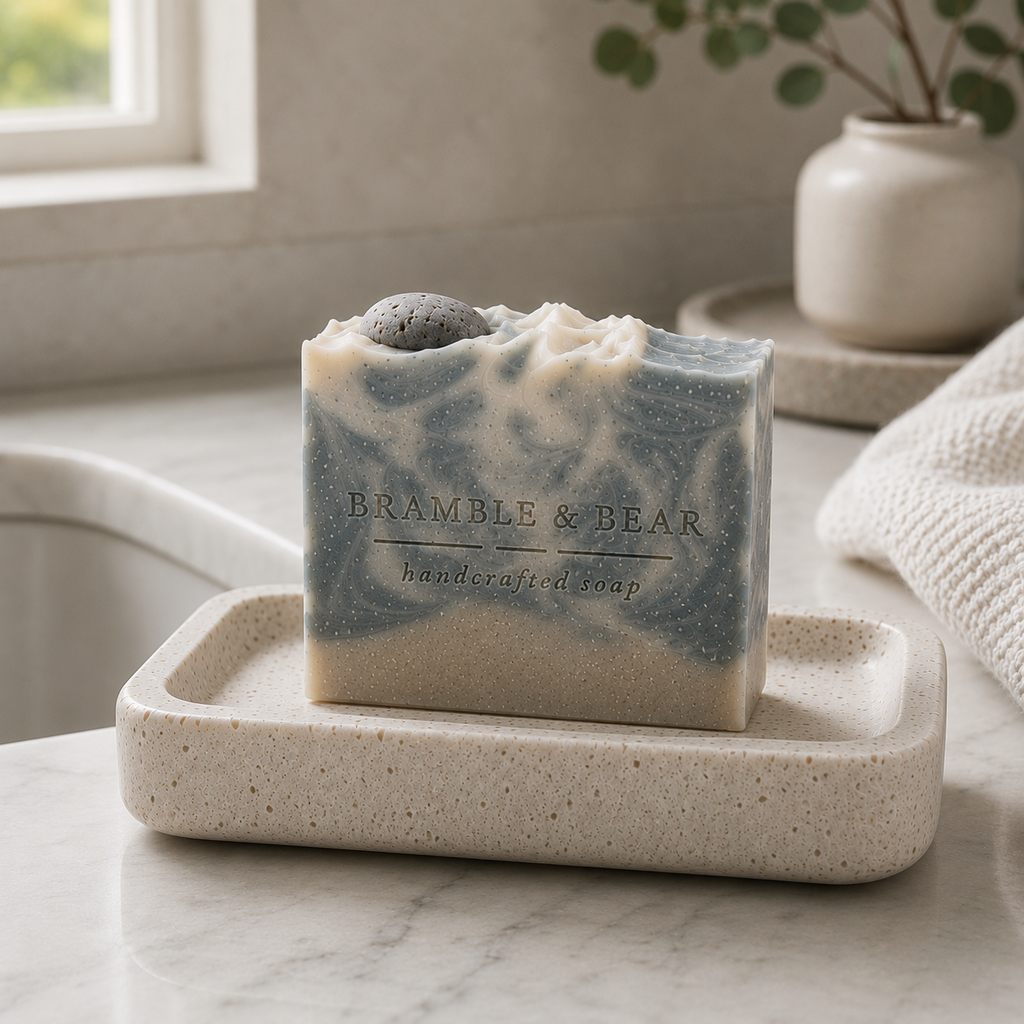 Northern Fjord Air handmade soap resting on a rectangular soap dish in a bright bathroom setting, with blue-gray and cream swirls, a gray pebble embed, a towel, greenery, and a blurred window in the background.