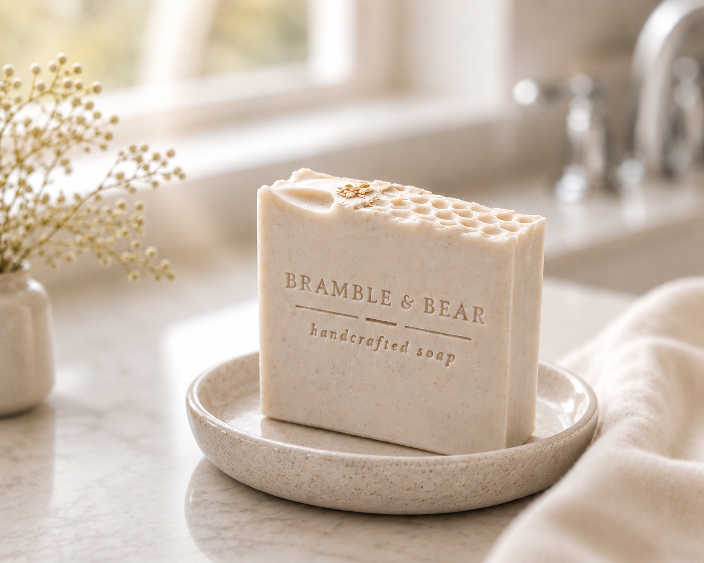 Single Honey Oatmeal Grove soap bar standing on a neutral ceramic dish in a bright bathroom setting, with a soft towel, blurred sink area, and the Bramble & Bear handcrafted soap stamp on the front.