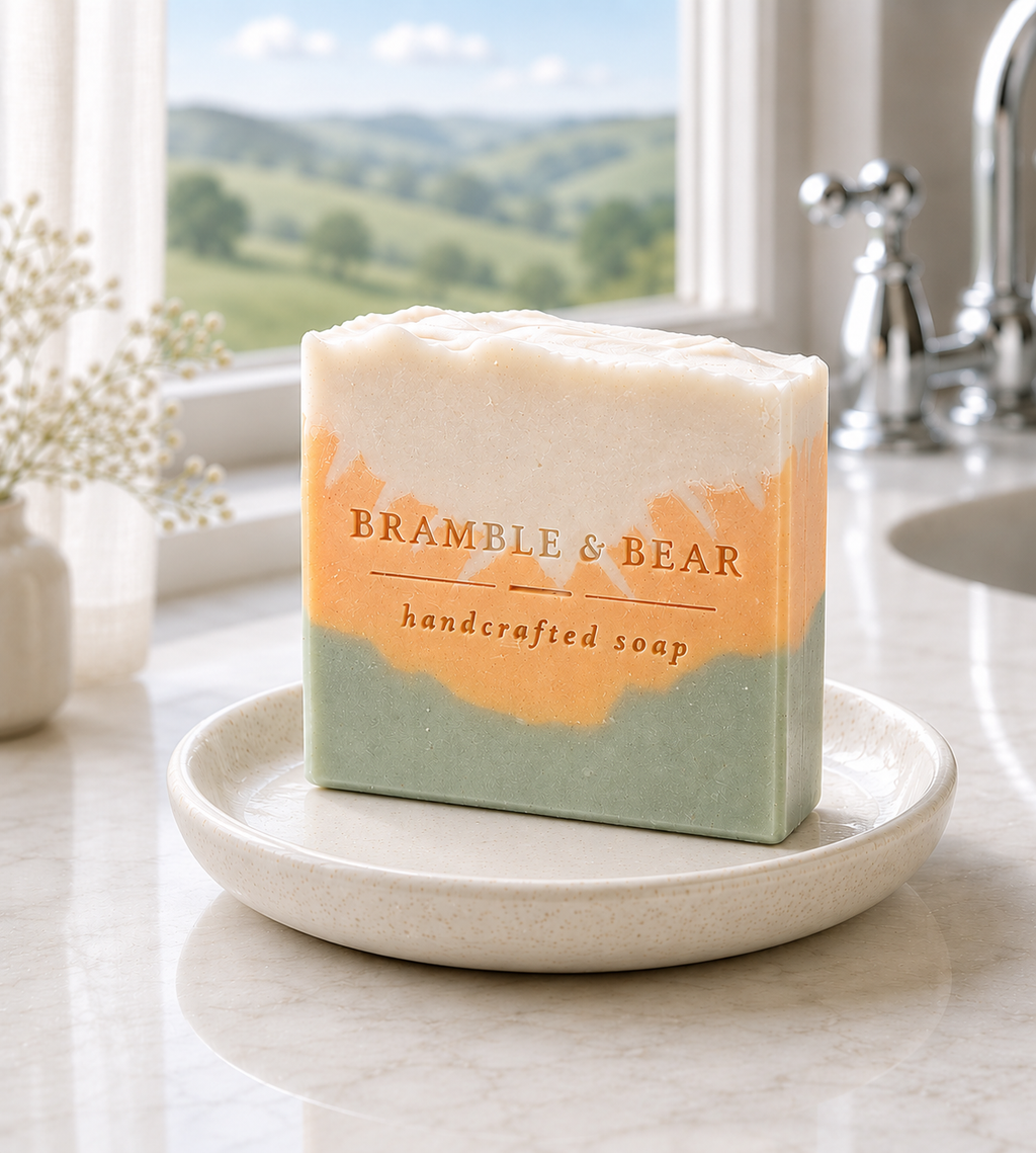 Single Sunlit Citrus Grove soap bar on a neutral ceramic dish in a bright bathroom setting, with rolling green hills outside the window and the Bramble & Bear stamp visible.