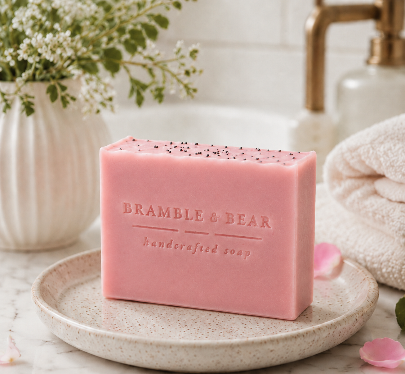 Wild Rose Meadow soap bar resting on a ceramic dish beside a bathroom sink, with a folded towel, greenery, and soft rose accents.