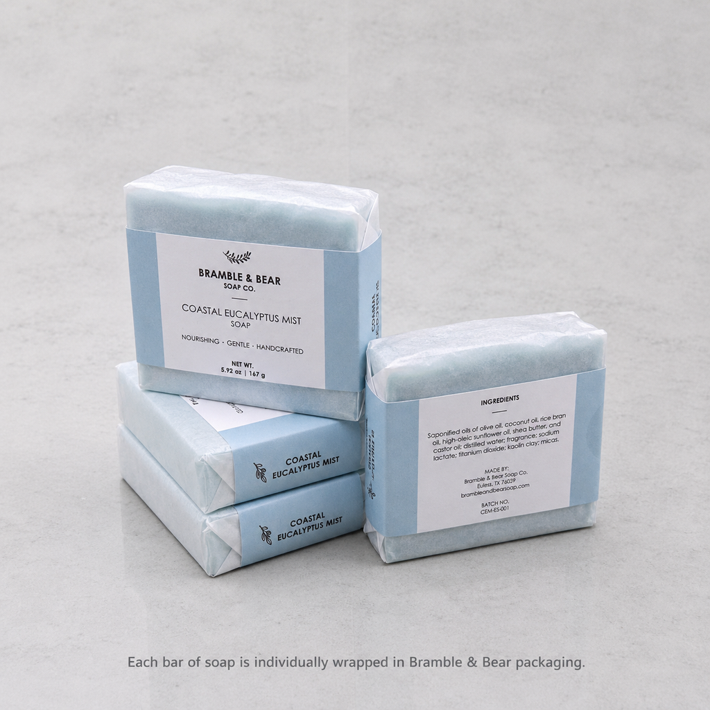 Bramble & Bear handcrafted soap bars shown individually wrapped in branded packaging.