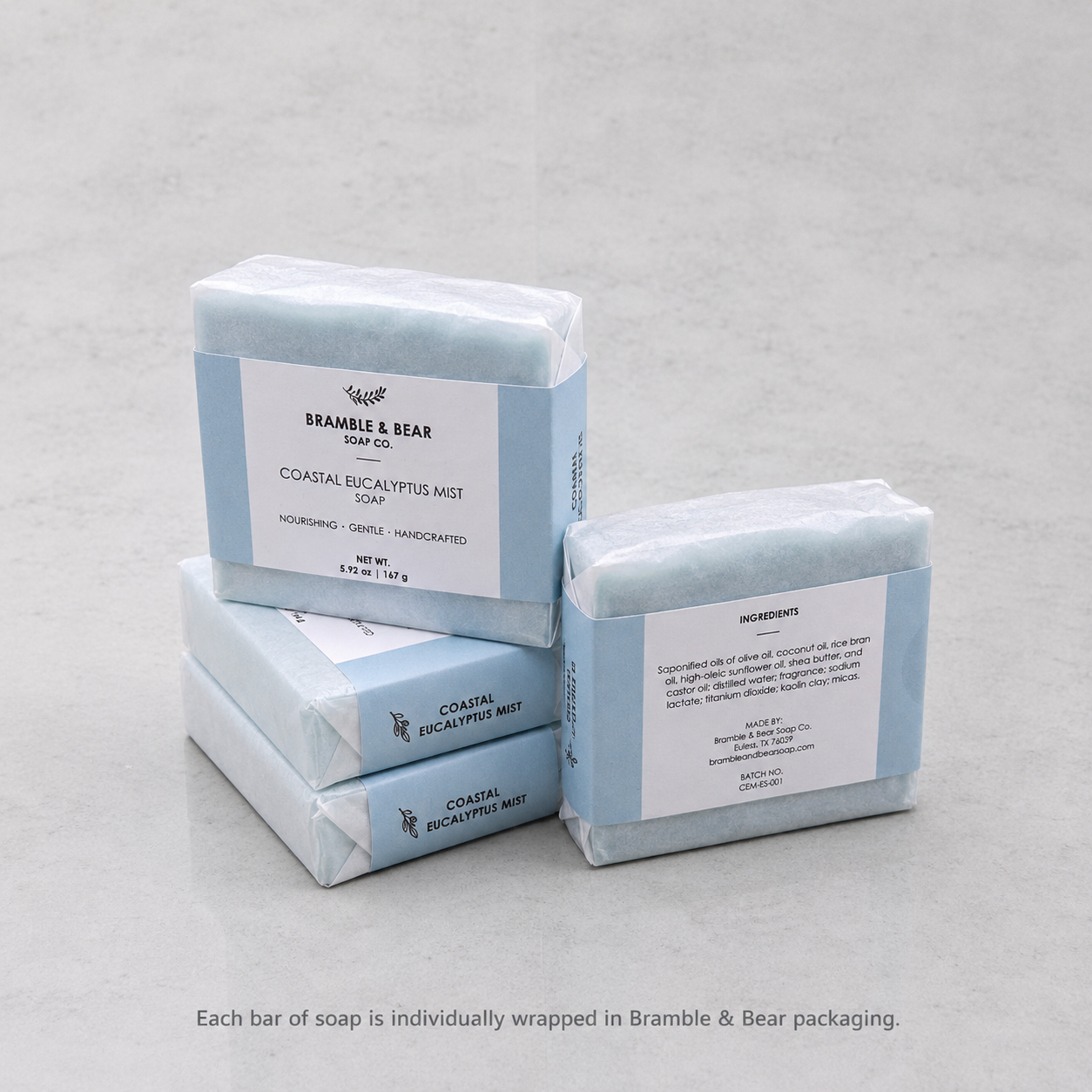 Bramble & Bear handcrafted soap bars shown individually wrapped in branded packaging.