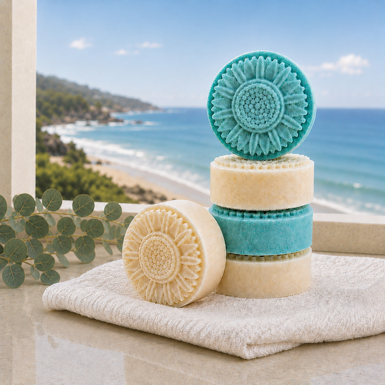 Stacked round sunflower-shaped soaps in aqua blue and creamy ivory sit on a white textured towel on a marble counter, with eucalyptus sprigs and a bright coastal ocean view in the background.