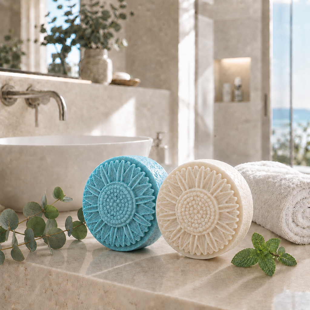 Two round sunflower-shaped soaps in spa blue and creamy white displayed on a sunlit marble bathroom counter with eucalyptus, fresh mint, a white towel, and a bright coastal spa background.