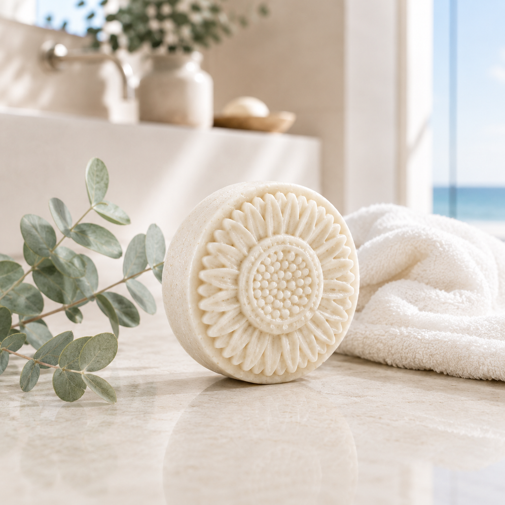 Creamy white round sunflower-shaped soap standing on a marble bathroom counter beside eucalyptus and a white towel in a bright, softly lit spa setting.