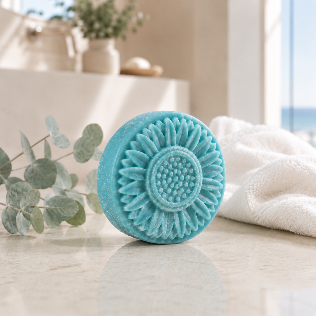 Spa blue round sunflower-shaped soap standing on a marble bathroom counter beside eucalyptus and a white towel in a bright, softly lit spa setting.