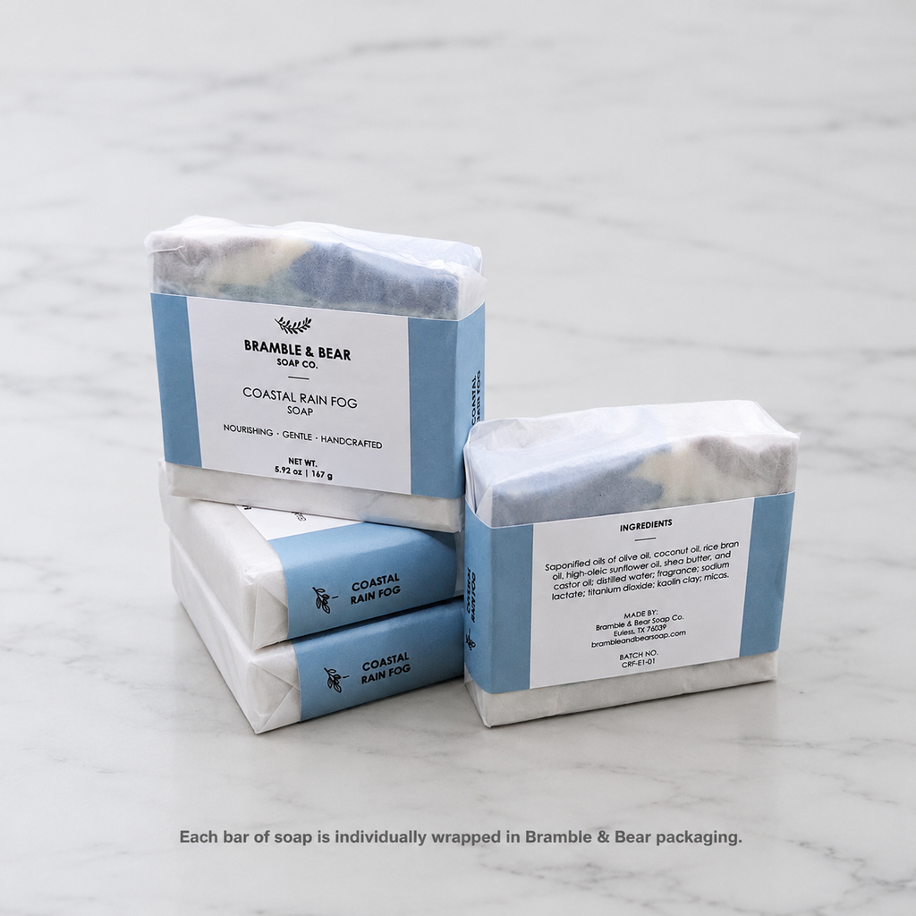 Bramble & Bear handcrafted soap bars shown individually wrapped in branded packaging.