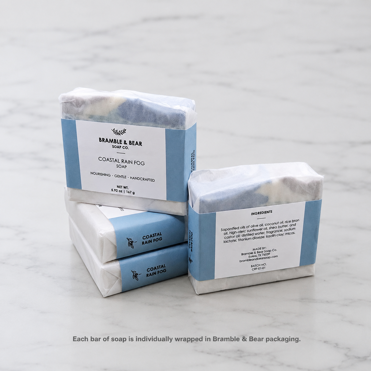 Bramble & Bear handcrafted soap bars shown individually wrapped in branded packaging.