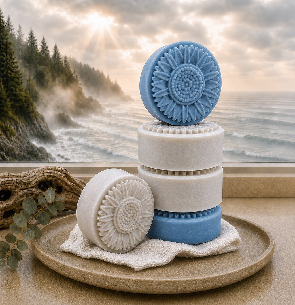 Coastal Rain Fog sunflower soaps in soft blue and cream white stacked on a folded towel and stone tray, styled with driftwood and eucalyptus before a foggy ocean window view with pine cliffs and white waves.