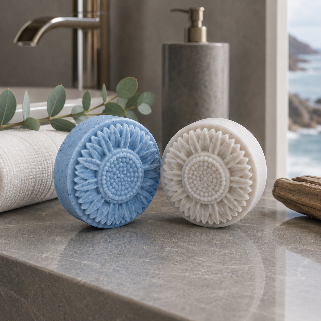 Blue and cream white Coastal Rain Fog sunflower soaps on a gray stone vanity with eucalyptus, a rolled towel, driftwood, and a soft ocean view.